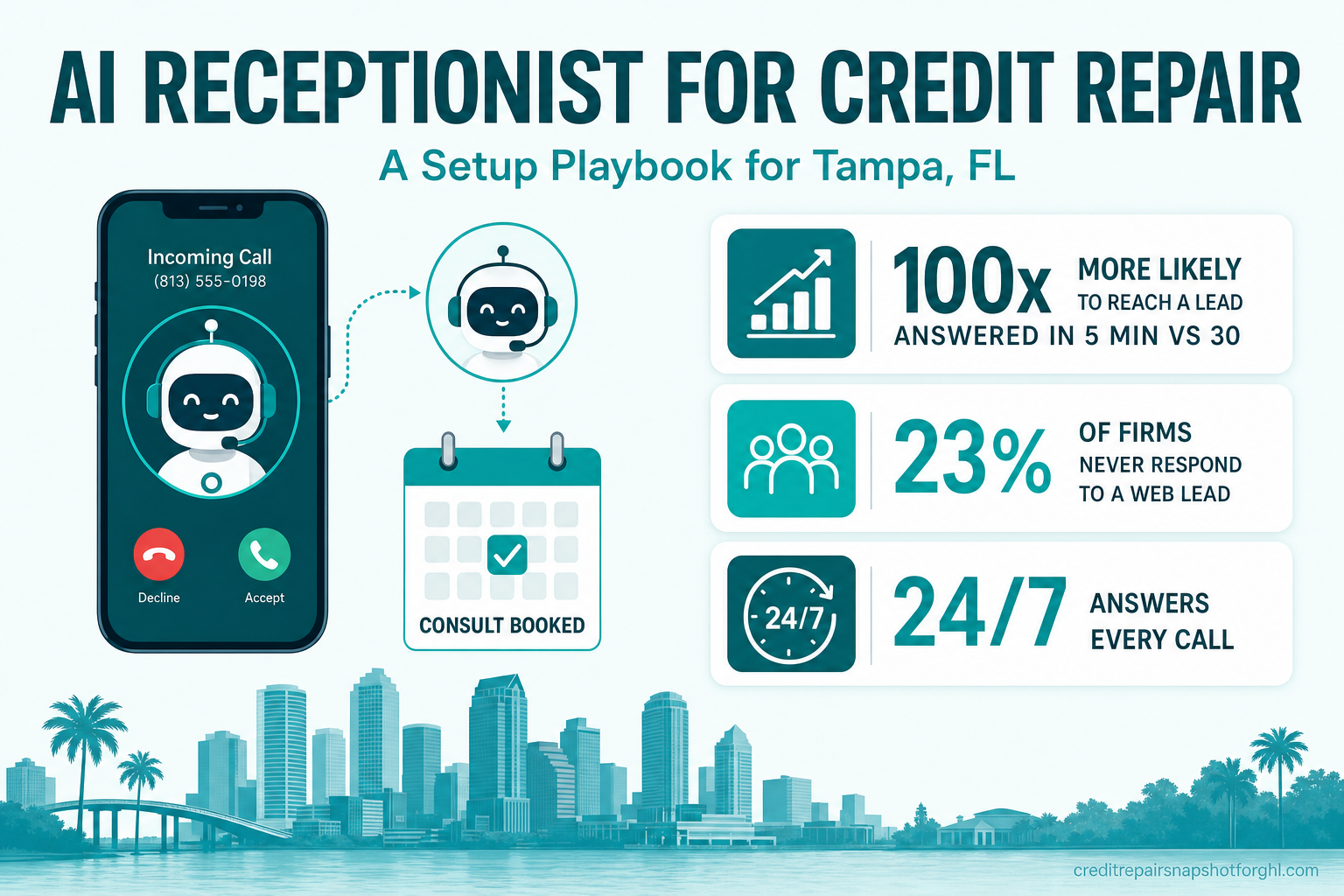 Infographic titled 'AI Receptionist for Credit Repair — A Setup Playbook for Tampa, FL' showing a smartphone with an incoming call routed to an AI assistant that books a consult, plus three stats: 100x more likely to reach a lead answered in 5 minutes vs 30, 23% of firms never respond to a web lead, and 24/7 answering.