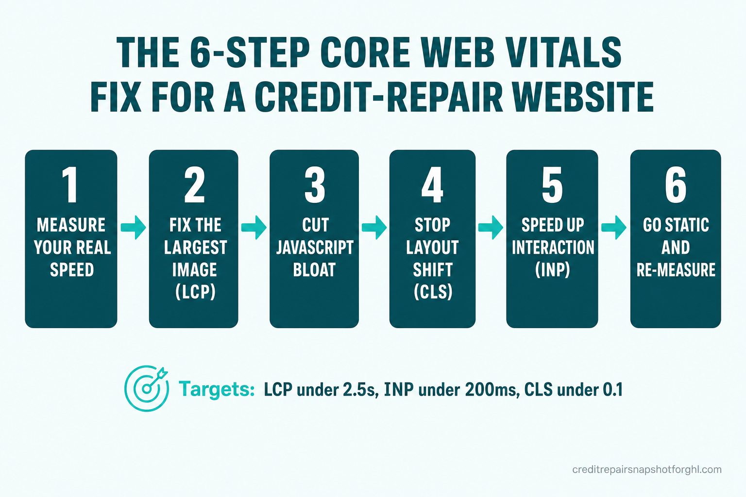Numbered process flow diagram 'The 6-step Core Web Vitals fix for a credit-repair website': 1 measure your real speed, 2 fix the largest image (LCP), 3 cut JavaScript bloat, 4 stop layout shift (CLS), 5 speed up interaction (INP), 6 go static and re-measure — with targets LCP under 2.5s, INP under 200ms, CLS under 0.1.