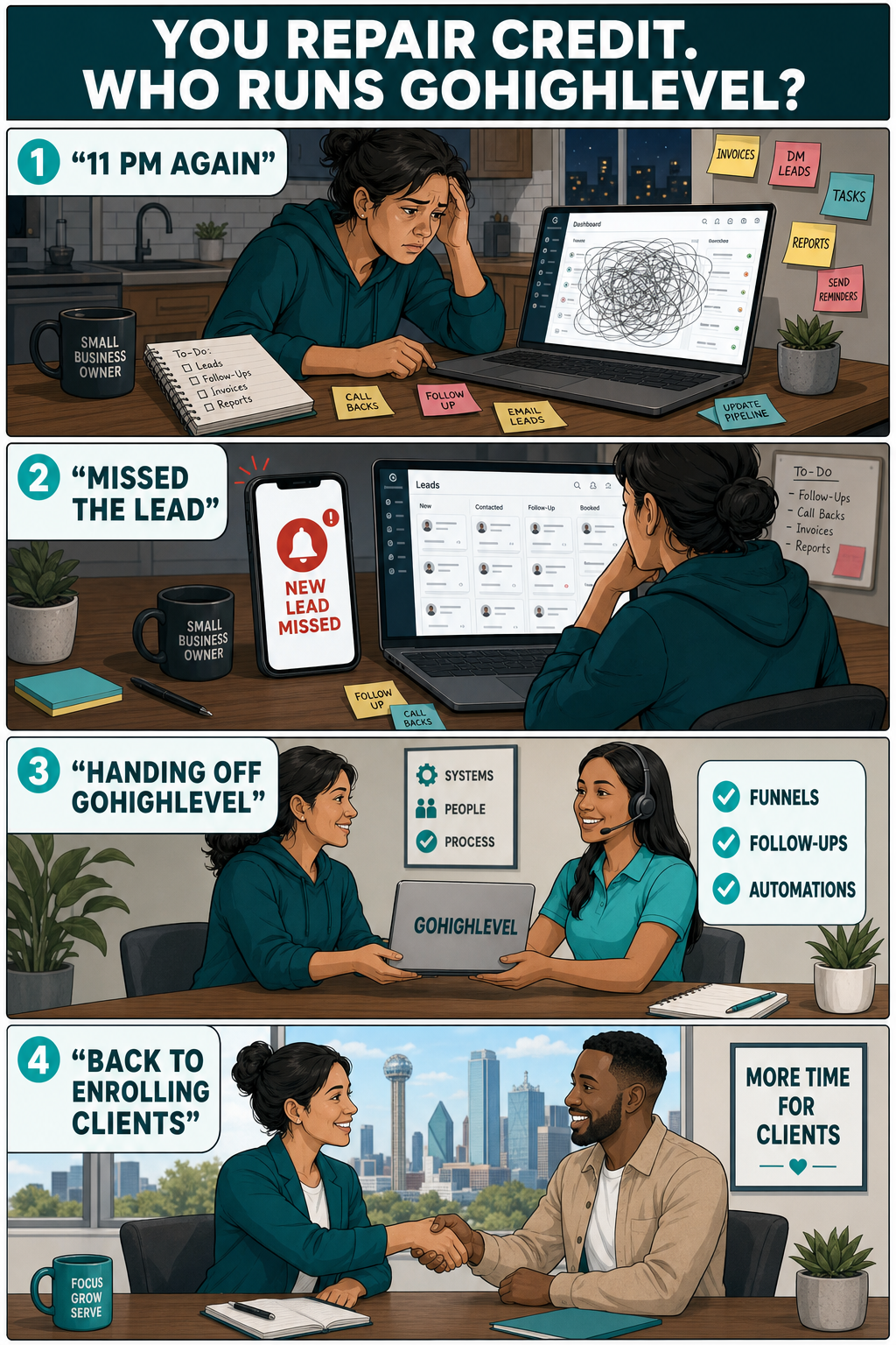Four-panel comic-style reel titled 'You repair credit. Who's running GoHighLevel?' showing a Dallas credit repair owner overwhelmed by GHL tutorials at 11pm, missing a late-night lead, then handing GoHighLevel to a trained credit-repair VA and finally back to working disputes and enrolling clients.