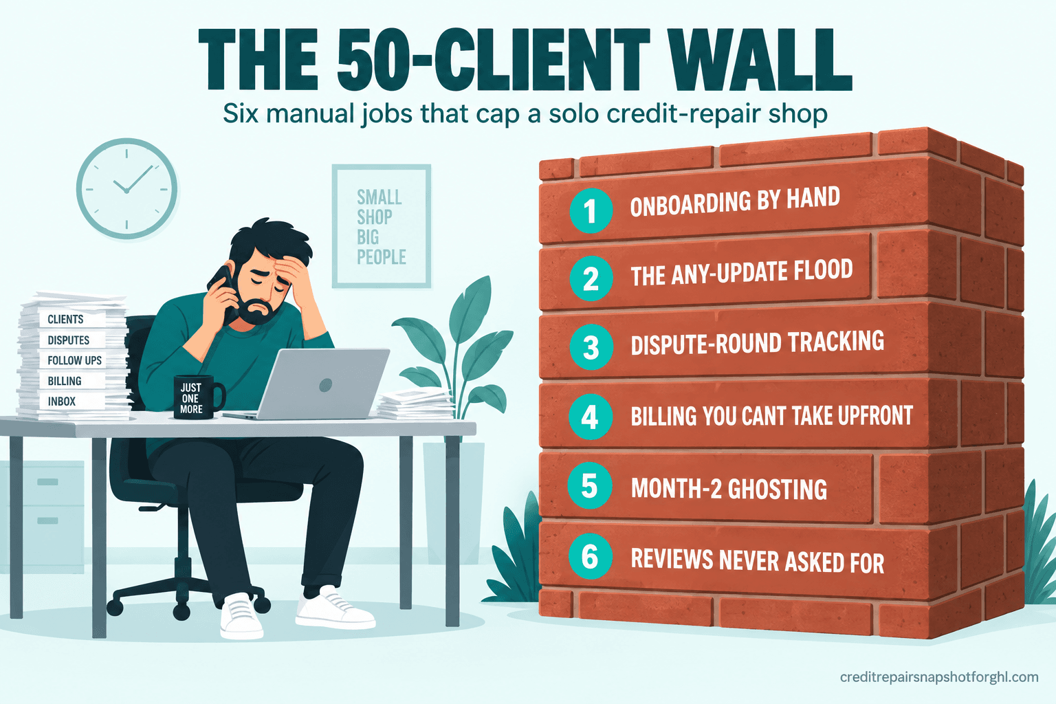 Infographic titled 'The 50-Client Wall' showing a solo credit-repair operator blocked by six labeled bottlenecks: onboarding, status updates, dispute-round tracking, billing, retention, and reviews.