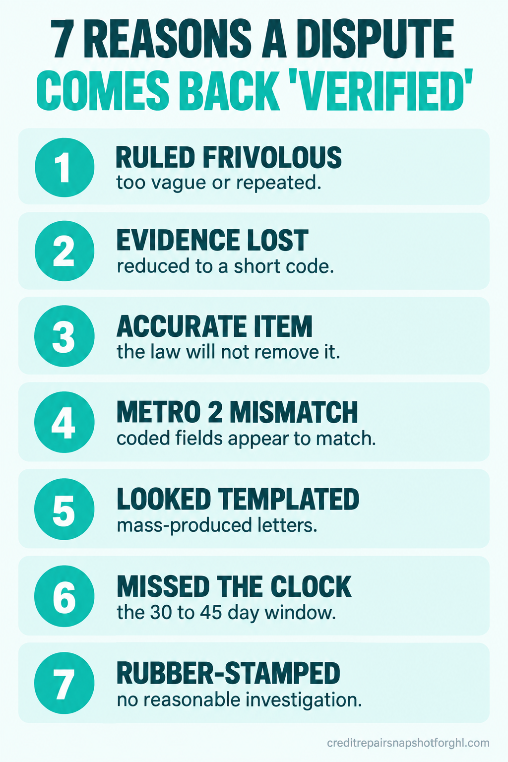 Infographic titled ‘7 reasons a dispute comes back verified’ listing ruled frivolous, evidence lost to a short code, accurate item the law will not remove, Metro 2 mismatch, looked templated, missed the clock, and rubber-stamped investigation.