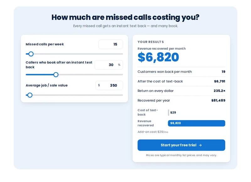 Missed call text-back value calculator with sliders and a live result