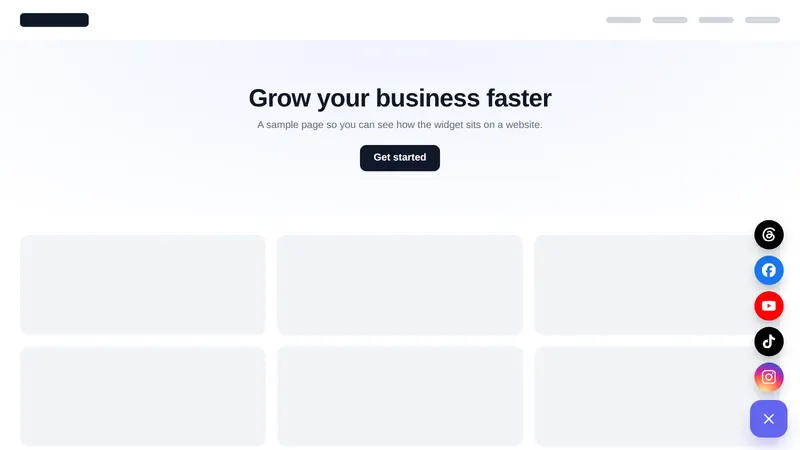 Dark social stack floating widget open on a sample website, showing a column of social network buttons