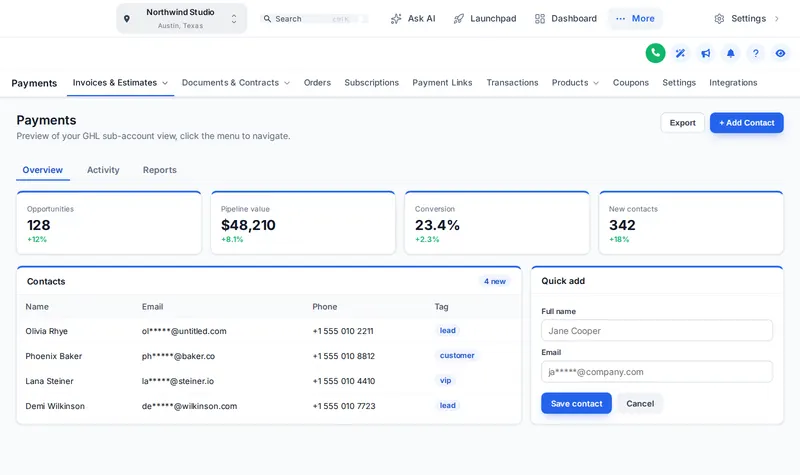 GoHighLevel navigation switched to a top bar layout with the payments section open