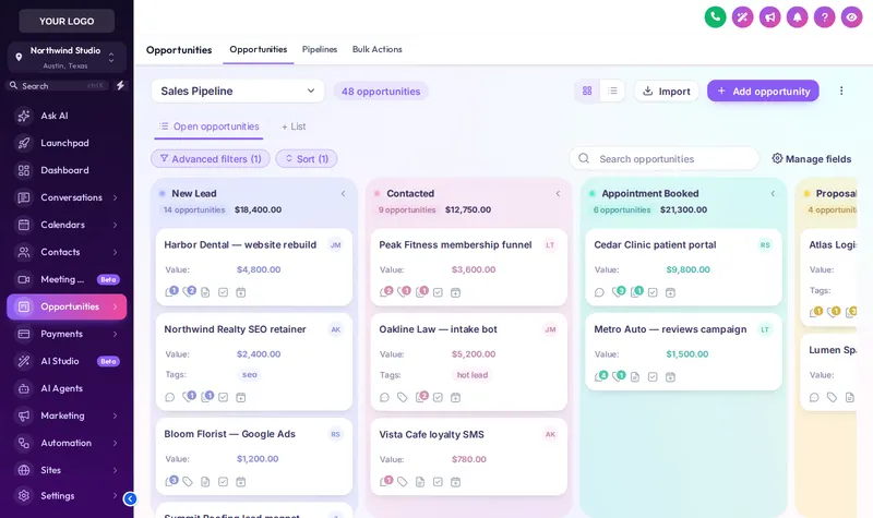 GoHighLevel opportunities board in the Candy Pastel design, each pipeline lane softly tinted in its own colour