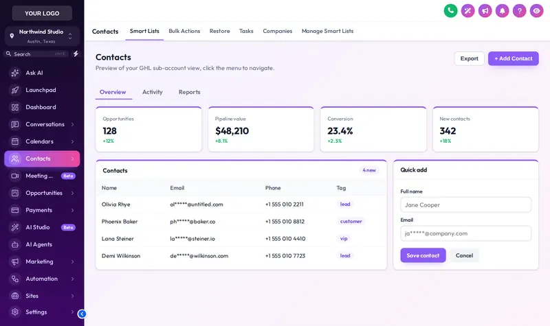 GoHighLevel sub-account restyled with the Neon Nights theme and the Accent Top UI kit: purple-to-pink sidebar and accent-topped cards on the contacts page