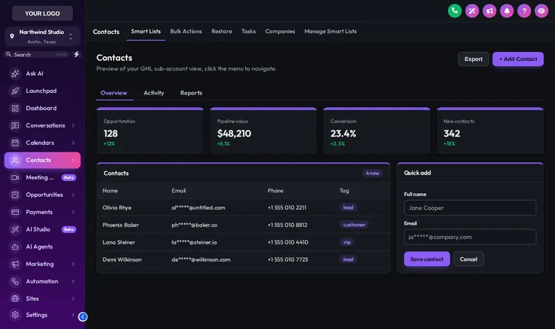 GoHighLevel contacts page in the Neon Nights theme with dark mode on: dark cards, light text and purple accents